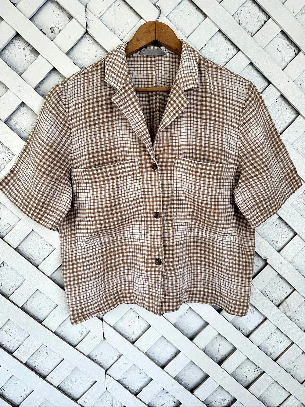 Everlane Gingham Linen Short Sleeve Shirt in Brown & White Size Medium